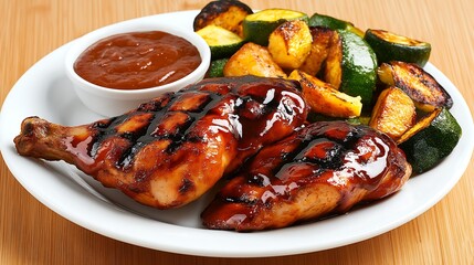 Grilled chicken legs with barbecue sauce served alongside roasted zucchini and squash on a white plate.