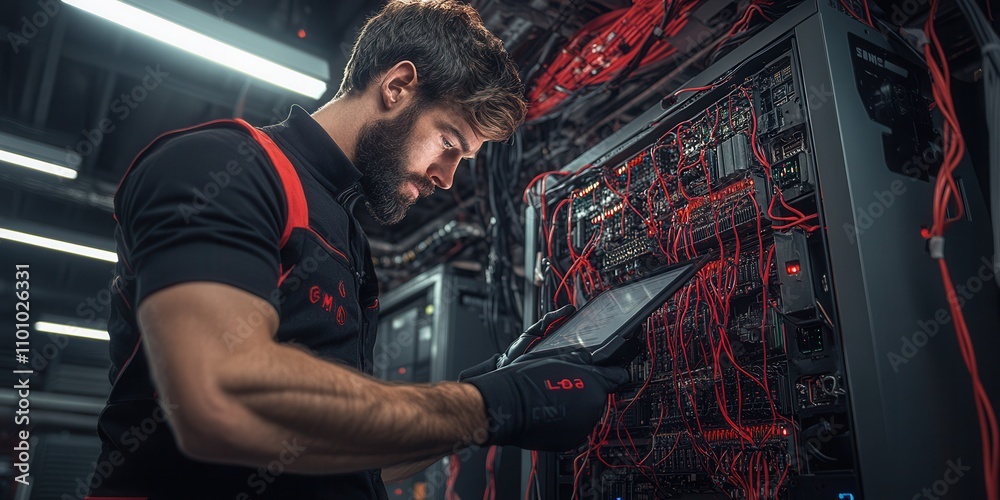 Aufkleber A technician works on server wiring in a data center, focused on resolving issues with advanced equipment and technology.