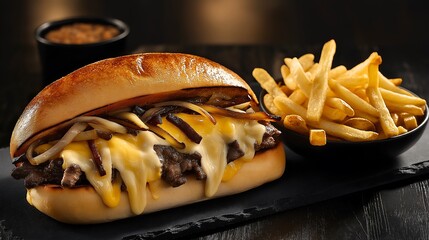 A delicious cheesesteak sandwich topped with melted cheese, served with crispy fries and a side of sauce.