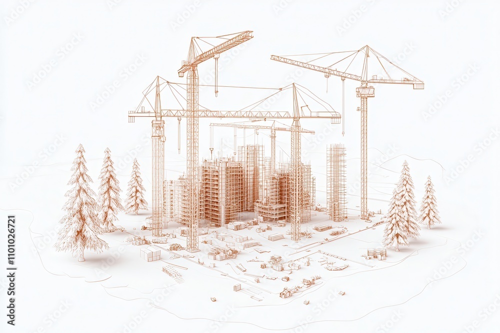 Aufkleber a construction site featuring cranes and scaffolding, surrounded by trees, depicted in a minimalisti