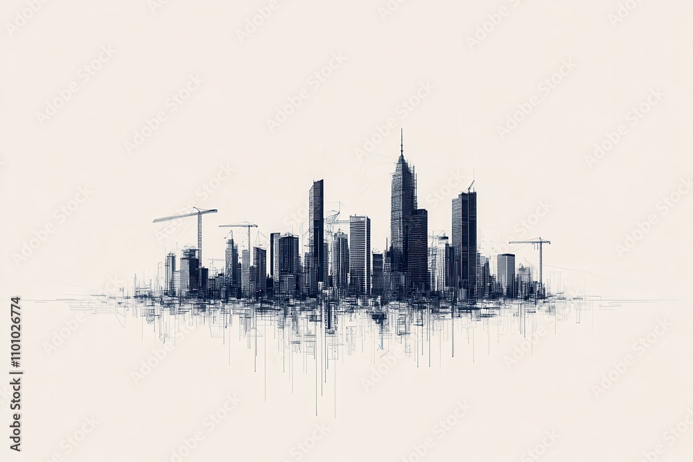 Poster a minimalist depiction of a city skyline featuring skyscrapers and construction cranes, emphasizing 