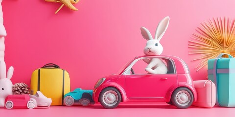 Tiny Bunny in a Colorful Car Surrounded by Playful Objects