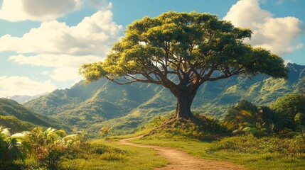 Majestic Green Tree on a Hill Surrounded by Lush Mountainscape