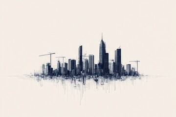 Fototapeta premium A minimalist depiction of a city skyline featuring skyscrapers and construction cranes, emphasizing urban development and architectural design.