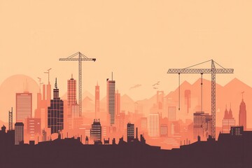 Obraz premium A stylized city skyline under a warm sunset, featuring skyscrapers and construction cranes, symbolizing urban development and growth.