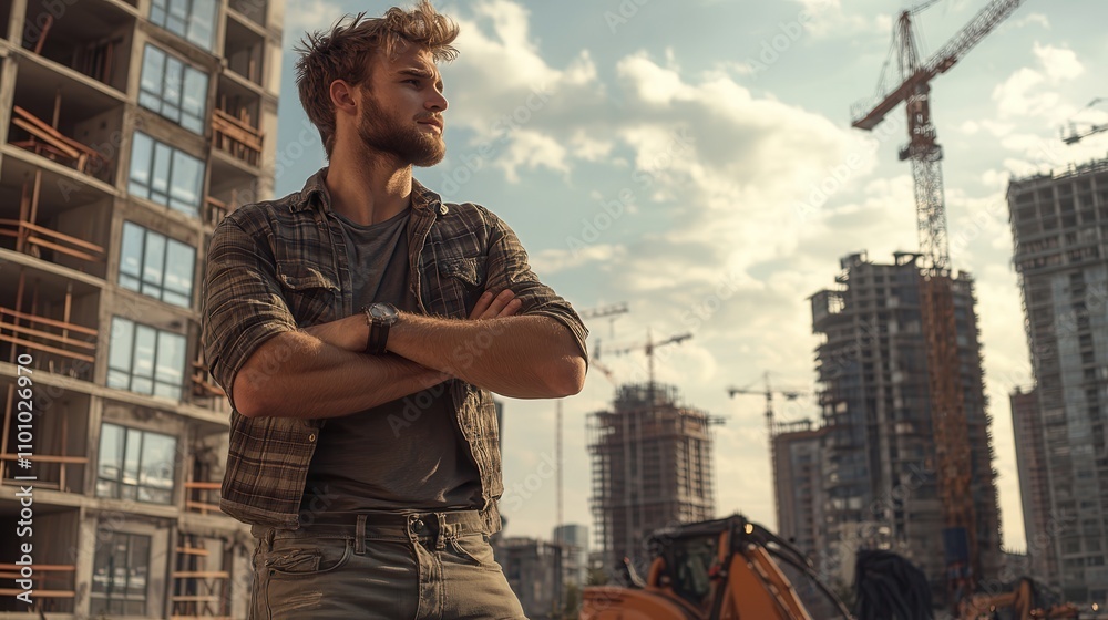 Poster a confident man stands at a construction site, observing the ongoing work with a backdrop of cranes 