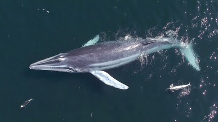 Fototapeta premium Majestic Blue Whale Swimming Gracefully in Deep Ocean Waters