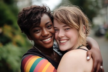 Fototapeta premium Beautiful Portrait of Lesbian LGBTQ Couple Smiling and Embracing Outdoors, Celebrating Love, Pride, and Diversity in a Natural Setting