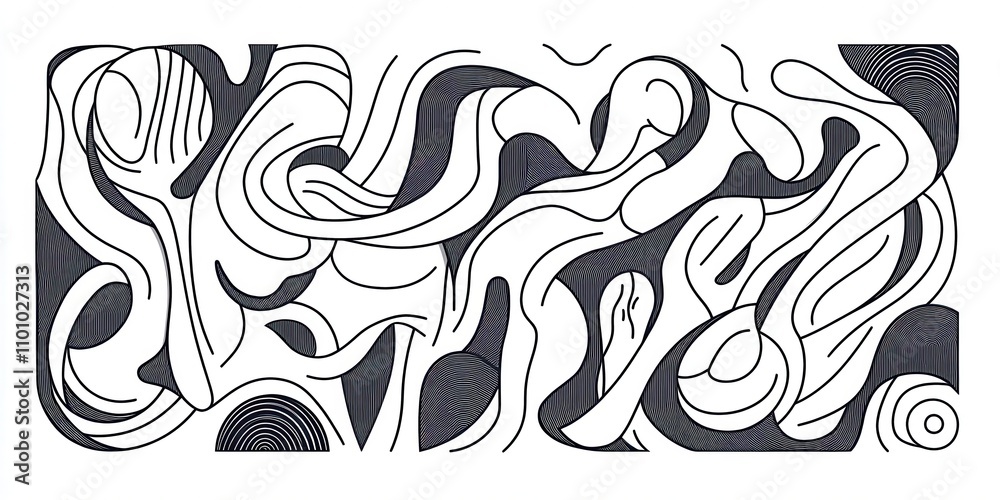 Poster A dynamic black-and-white abstract illustration featuring flowing, intertwining lines and shapes, creating a sense of movement and rhythm.