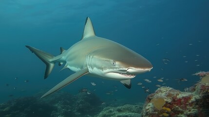 Obraz premium Majestic Shark Swimming Gracefully Through Vibrant Coral Reef Scene