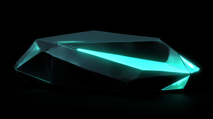 A dark, geometric shape glows with turquoise light.  It looks like a modern, 3D model of a science or tech object.
