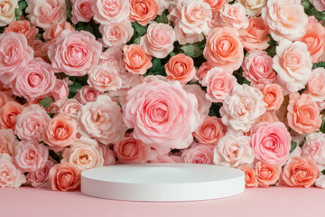 Obraz premium Elegant white podium surrounded by pink roses, ideal for showcasing luxury fashion, beauty products, or Valentine's themes.