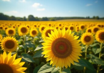 Bright sunflowers bloom under a blue sky in a vibrant field during summer