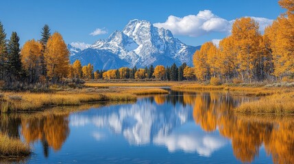 Obraz premium Scenic view of a mountain with autumn foliage reflected in a tranquil lake.