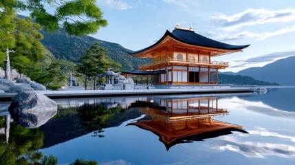 Obraz premium Serene Japanese Temple Reflected in Calm Water