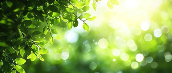 Obraz premium Vector green nature background with bokeh effect, soft summer landscape design featuring blurred light and abstract foliage for eco-friendly and organic themes