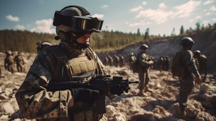 Modern Warfare Soldier in Action: A battlefield portrait of a soldier in camouflage uniform holding a rifle, amidst a group of soldiers advancing across a rugged terrain.