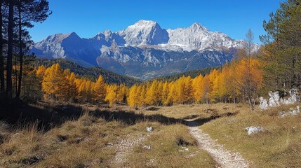 Fototapeta premium Scenic view of mountains with autumn foliage and a winding path.
