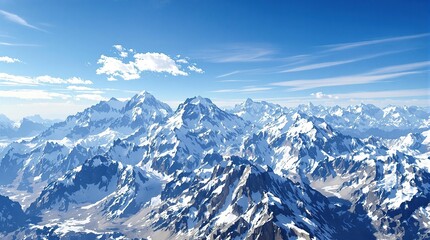 A majestic mountain range with snow-capped peaks against a clear blue sky, grandeur, peak, sky, landscape, mountains