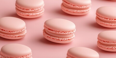 Obraz premium A visually appealing arrangement of pink macarons on a soft pink background, showcasing their delicate texture and sweet design.