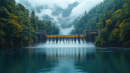 Fototapeta premium The image of a hydropower station generating clean energy, with water flowing smoothly over the dam and into the river below.