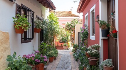 Obraz premium Charming Cobblestone Alleyway Surrounded by Colorful Flower Pots