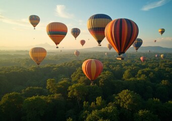 Fototapeta premium Colorful hot air balloons soaring over lush green hills at sunrise