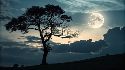 Fototapeta premium The shape of a tree against the glow of a full moon shining through the clouds at night, aerial, mystical, silhouetted