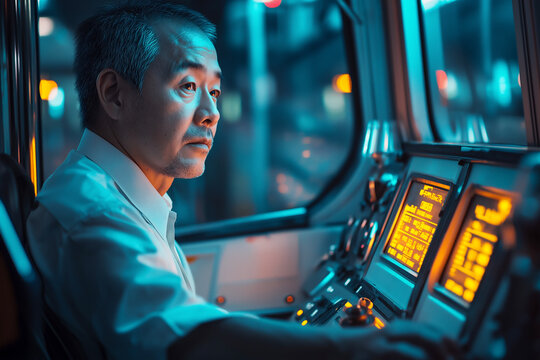 Train operator focused on control panel while managing train operations at night. Generative AI - Powered by Adobe