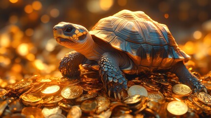 Naklejka premium 4K image of a tortoise climbing a mountain of gold coins, with intricate details on the coins and vibrant textures on the tortoise shell.
