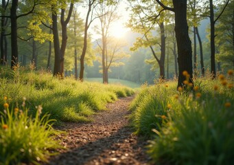 Obraz premium Serene pathway through a lush forest at sunrise with vibrant greenery and flowers