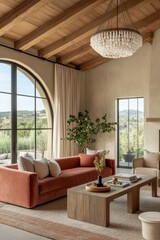 Fototapeta premium Cozy and Inviting Mediterranean-Style Living Room with Stunning Mountain Views