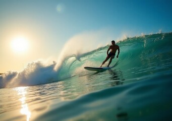 Surfer riding a powerful wave under a bright sunset sky at the beach