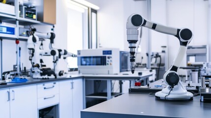 A robotic automation lab with various robotic prototypes and advanced testing equipment, clean and experimental environment with a focus on innovation, Experimental style