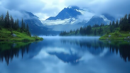 Serene mountain landscape reflecting in a calm lake, surrounded by lush greenery and mist.