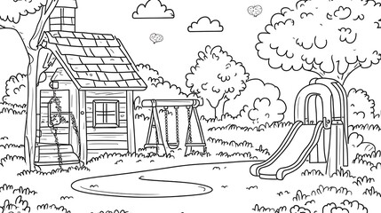 Obraz premium A charming cartoon playground for kids to color, featuring a slide, swings, and trees, drawn in a doodle style with clean sick lines, low detail, and no shading