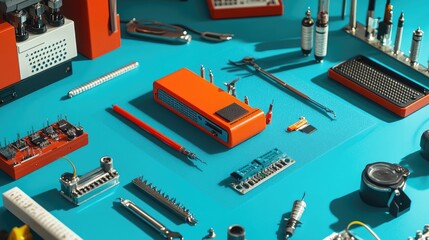 Vibrant Workspace with Electronic Components and Tools for DIY Projects
