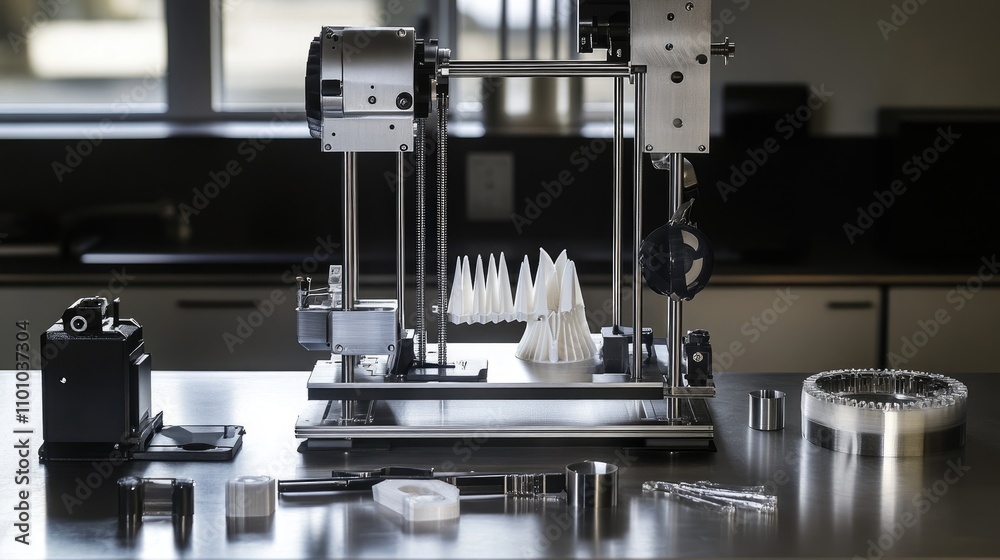Poster modern 3d printer with printed objects on workshop table