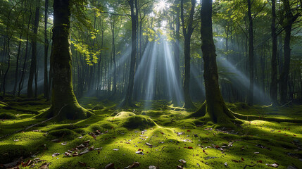 A peaceful green forest with moss-covered trees and sunlight streaming through the leaves, creating a mesmerizing play of light and shadow.