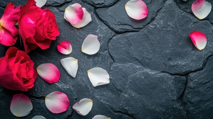 Elegant Red Roses and Soft Petals on Dark Slate Background