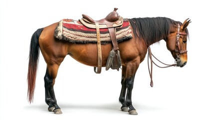Brown horse standing with a saddle and decorative blanket, showcasing a detailed bridle and saddle pad on its back, exuding a calm demeanor.