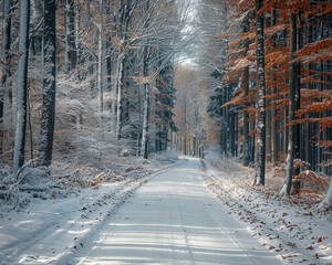 A peaceful snow-covered road in a forest, with tall trees and fallen leaves lining the path. The winter landscape is captured in intricate detail, exuding tranquility.