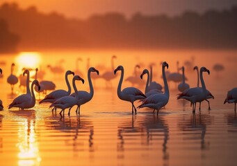 Naklejka premium Flamingos wading in tranquil waters during a vibrant sunset at a natural reserve