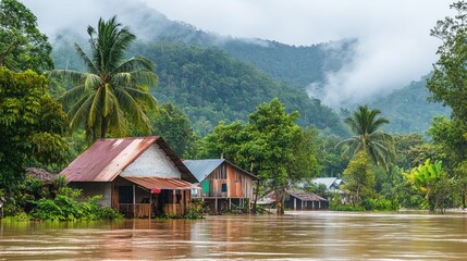 Rural village submerged in floodwaters with tropical forests and mountains in the background, showcasing the impact of heavy rains and landslides.