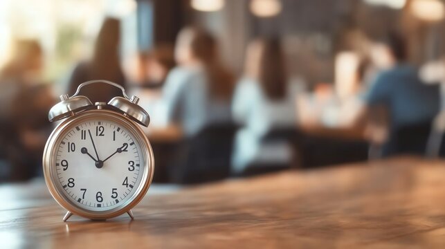 Classic alarm clock on a wooden table in cafe.