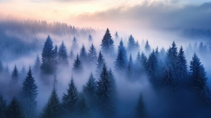 Obraz premium Aerial view of a misty coniferous forest at dawn, with soft light illuminating towering evergreen trees shrouded in fog.