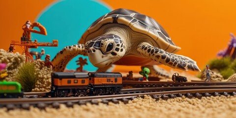 Obraz premium Playful Sea Turtle Interacting with Model Train Scene