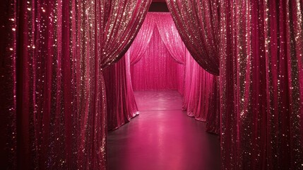 Lustrous pink glitter curtains frame a stage, creating an inviting atmosphere for a grand opening event, with shimmering light reflections.