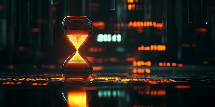 A glowing hourglass with a countdown in futuristic digits, surrounded by minimalistic dark tones and moody lighting, evoking a sense of urgency and anticipation