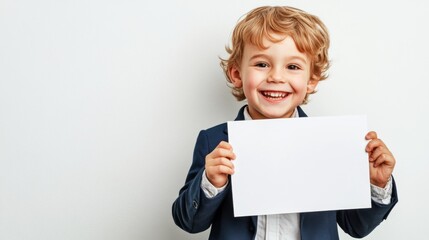 Fototapeta premium Happy Child Holding Blank Sign Kid in Suit Advertisement Mockup